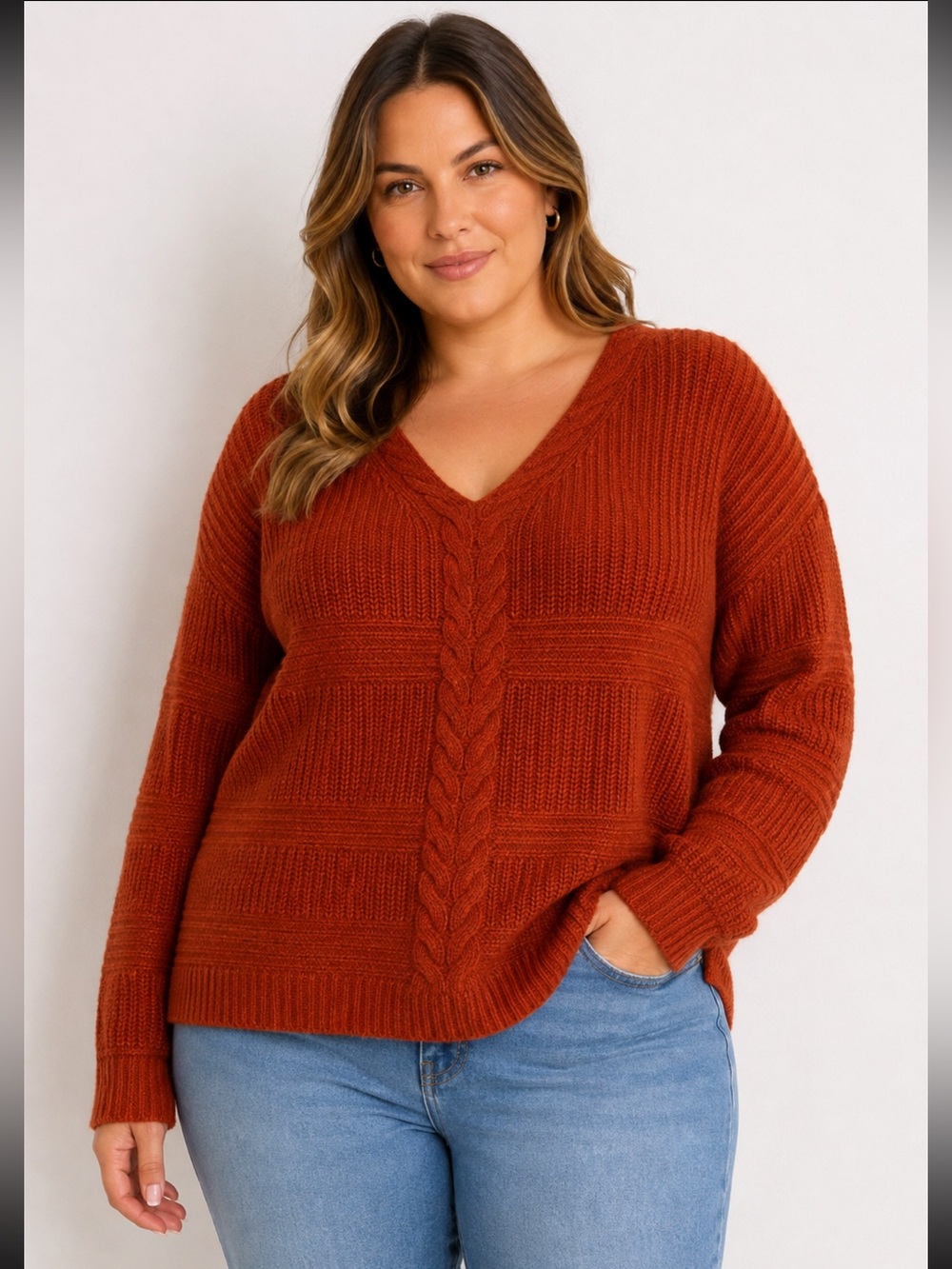 Derek Heart Plus Rust Orange Cable Knit Crisscross V-Neck Sweater - Size XL